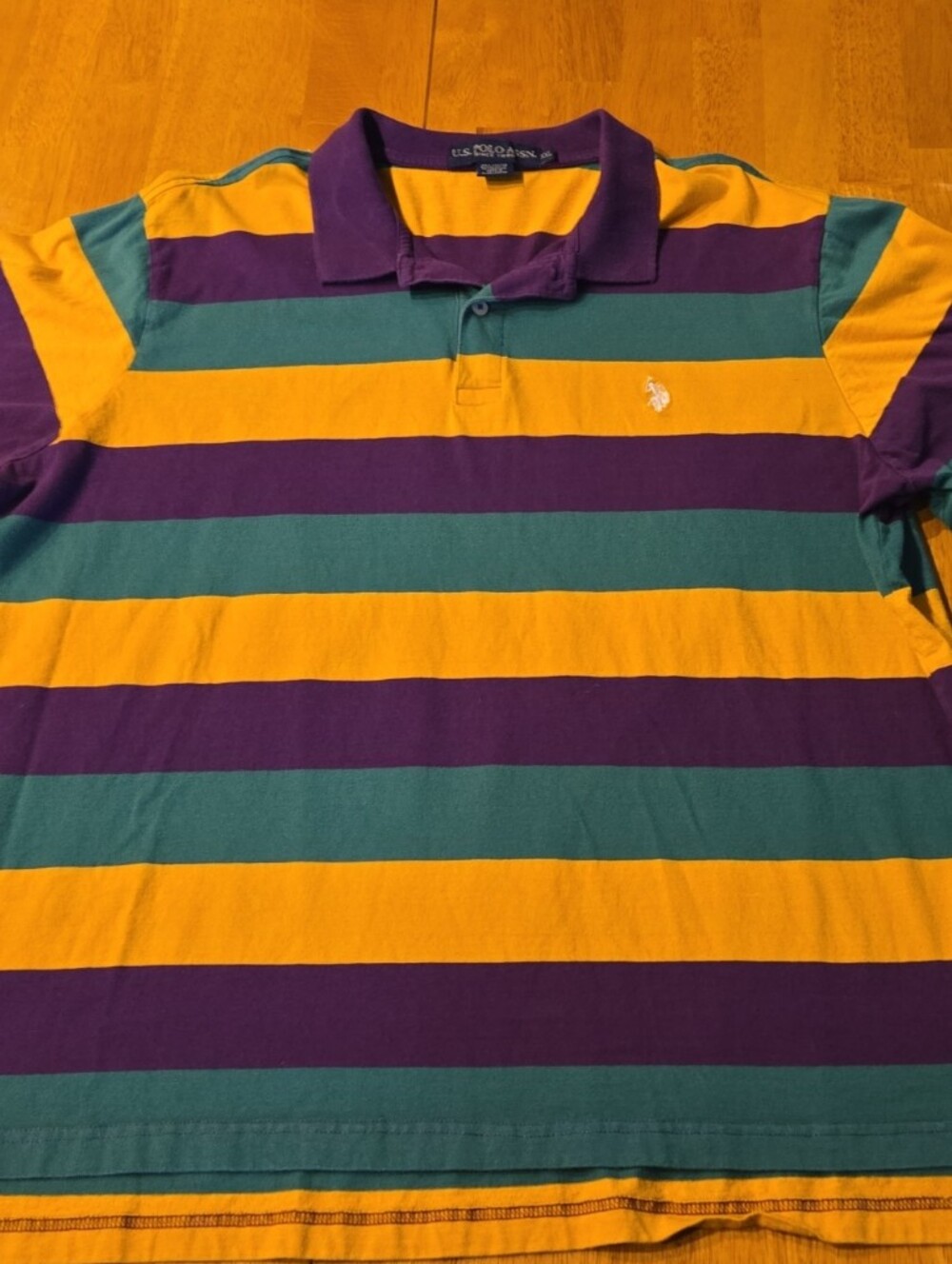 US Polo Assn. Mardi Gras Striped Rugby Polo in Purple, Gold & Green
